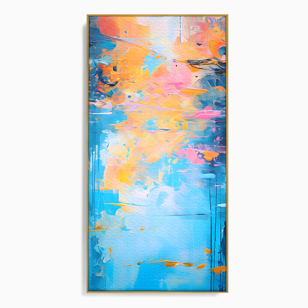 Tablou canvas cu pictura abstracta cu reflexii colorate, in rama de aluminiu auriu